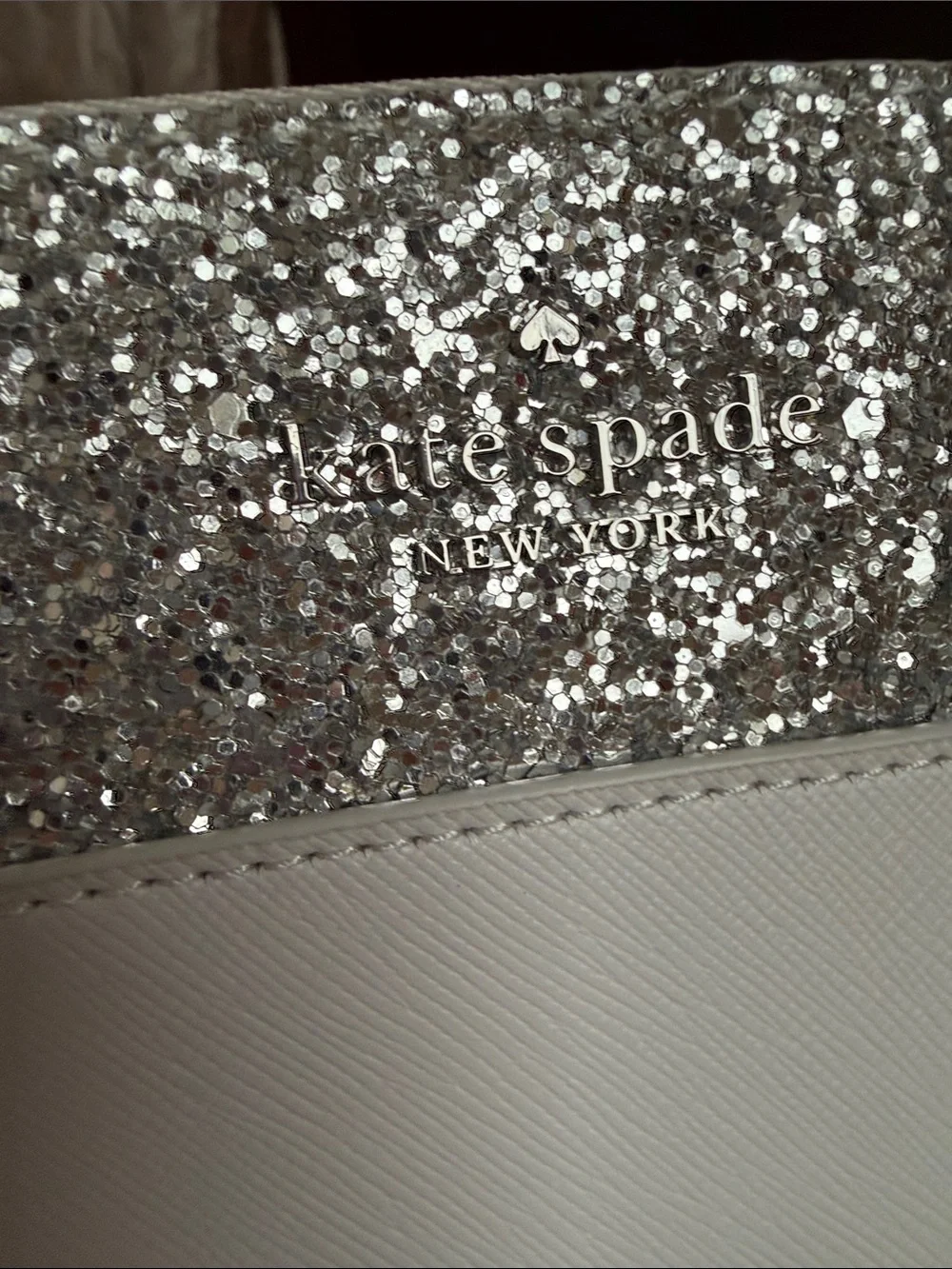 NWOT kate spade White Tote with Silver Glitter Trim